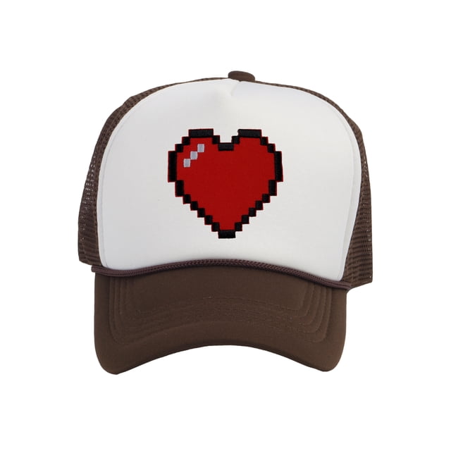 Men's 80's Retro Large 8 Bit Pixelated Heart Gamer Trucker Hat, White/Brown