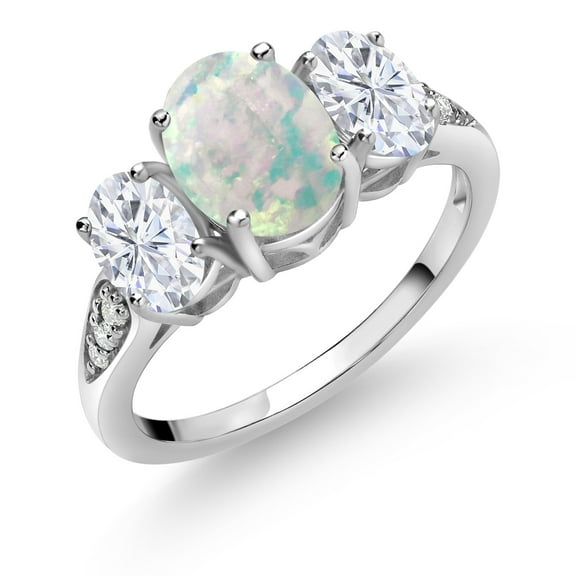 Gem Stone King 10K White Gold White Simulated Opal White Moissanite and White Lab Grown Diamond 3 Stone Engagement Ring for Women (2.04 Cttw, Gemstone Birthstone, Available in Size 5, 6, 7, 8, 9)