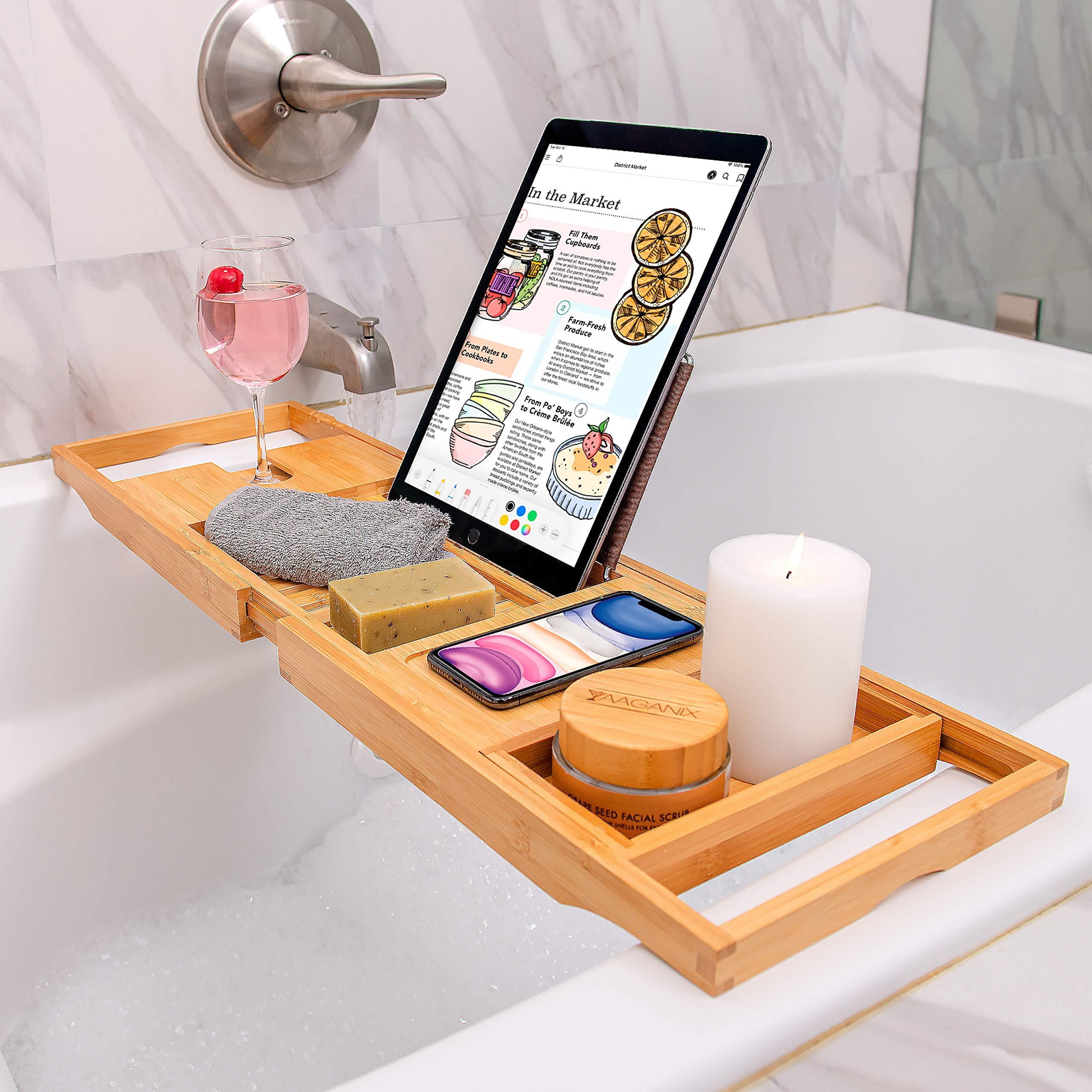 Bathroom Bamboo Bath Shelf Caddy Wine Holder Tub Tray over Bathtub