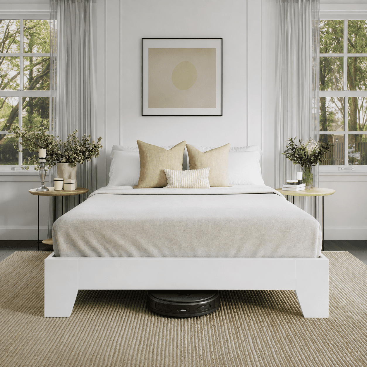 Boyd Sleep King Size White Wood Platform Bed Frame, Low-Profile Minimal Modern Bed, Laminate Finish