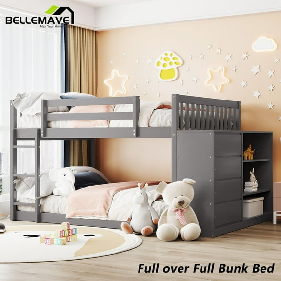 BELLEMAVE Full over Full Bunk Beds, Full Size Bunk Bed with Storage Cabinet, Ladder and Guardrail, Low Bunk Bed(Gray)