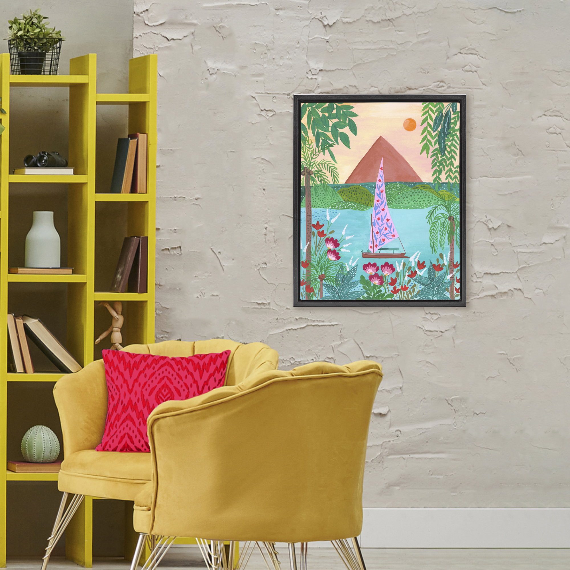 Sailboat on Egypt Nile Black Framed Floater Canvas Wall Art, design by Nabeela Rumi