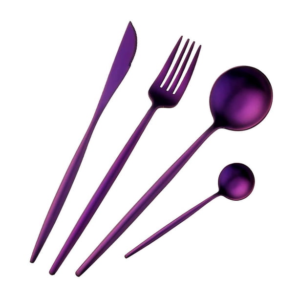 Juego de cubiertos morados de 4 piezas, cubiertos de acero inoxidable, juego de cena, cuchillo dorado, tenedor, cuchara, vajilla púrpura