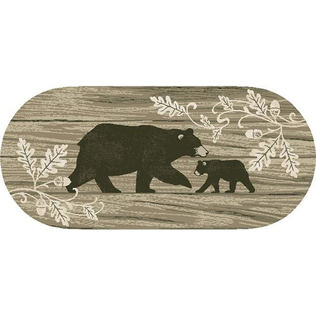 Mayberry Rug CC10512 20X44 20 x 44 in. Oval Cozy Cabin Foliage Bear Printed Nylon Kitchen Mat & Rug