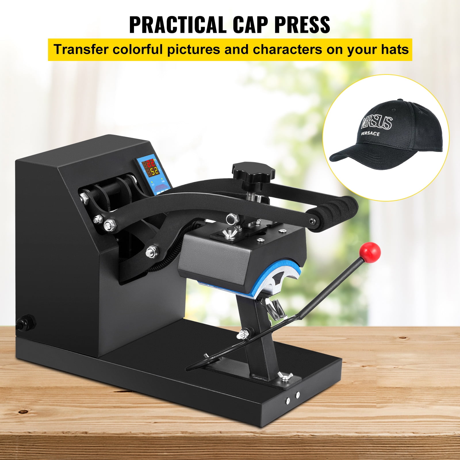 KFFKFF Heat Press Hat Machine 6x3.75Inch Arc Component Cap Press Shell-like Structure Heat Application for Caps Solid Metal Construction Non-adhesive Digital LCD Timer and Heat Regulation