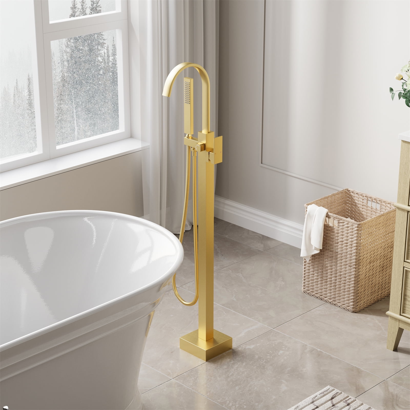 ANGELES HOME Free Standing Bathtub Faucet, Single Handle Floor Mounted Tub Filler Faucet with Handshower, Brushed Gold