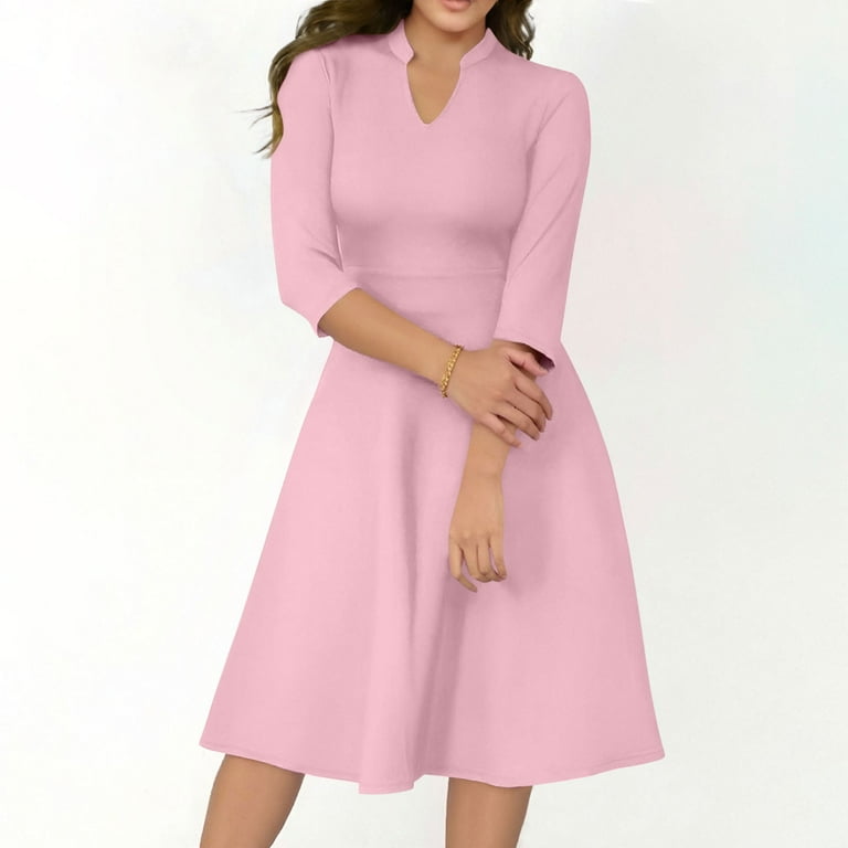 Efsteb Dresses for Women 2025 Elegant 3/4 Sleeve Notch V Neck Pleated A-Line Fit Flare Dress with Pockets for Work (Pink,XL), Women's