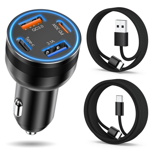 Cargador de coche Avatcen, 65 W, USB C, 4 puertos con cable USB-C, paquete de 2