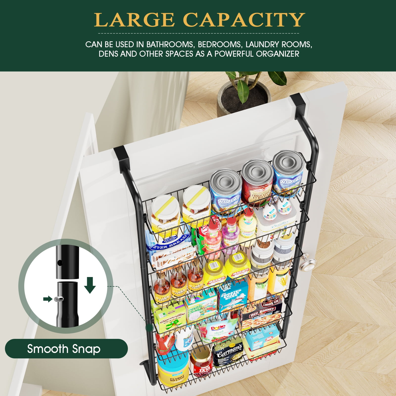 Yeabett 6-Tier Over the Door Pantry Organizer, Larger Baskets Metal Pantry Organization and Storage, Door Back Hanging Space Saver for Kitchen, Laundry, Bathroom, Black