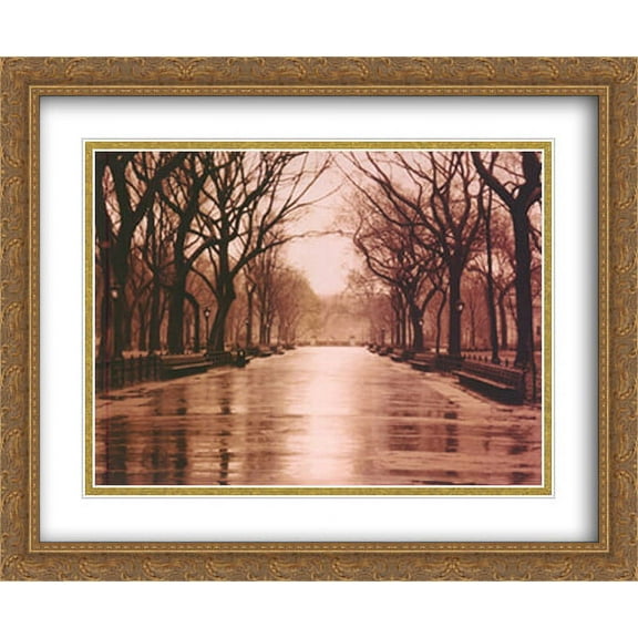 Rainy Day, Central Park 2x Matted 32x26 Large Gold Ornate Framed Art Print by Sergei Beliakov