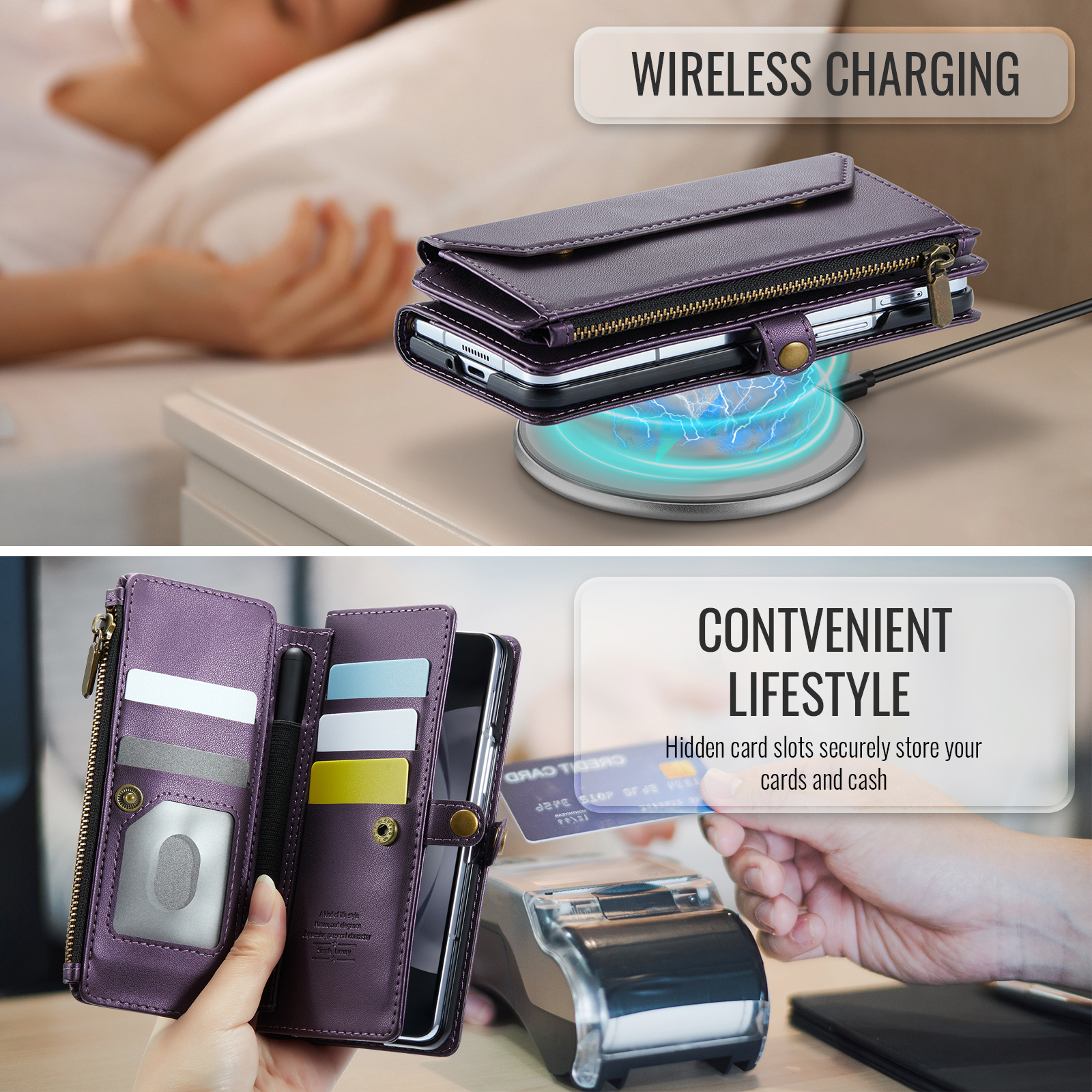Asuwish Compatible with Samsung Galaxy Z Fold 5 5G 2023 Zipper Wallet Phone Case With pen slot Crossbody Lanyard Strap Flip Card Holder Slot Cell Cover for ZFold5 Z5 G Fold5 5Z Women Girls Purple