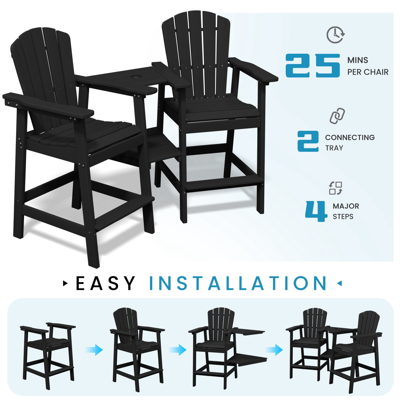 LOYALICE Tall Plastic Adirondack Chair Set of 2 W/ Outdoor Barstools and Connecting Tray, Black