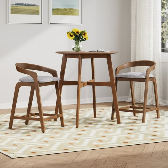 GDF Studio Stylish 3 Pcs Bar Set with Solid Wood Upholstered Stools and Round Table, Light Grey Natural Walnut