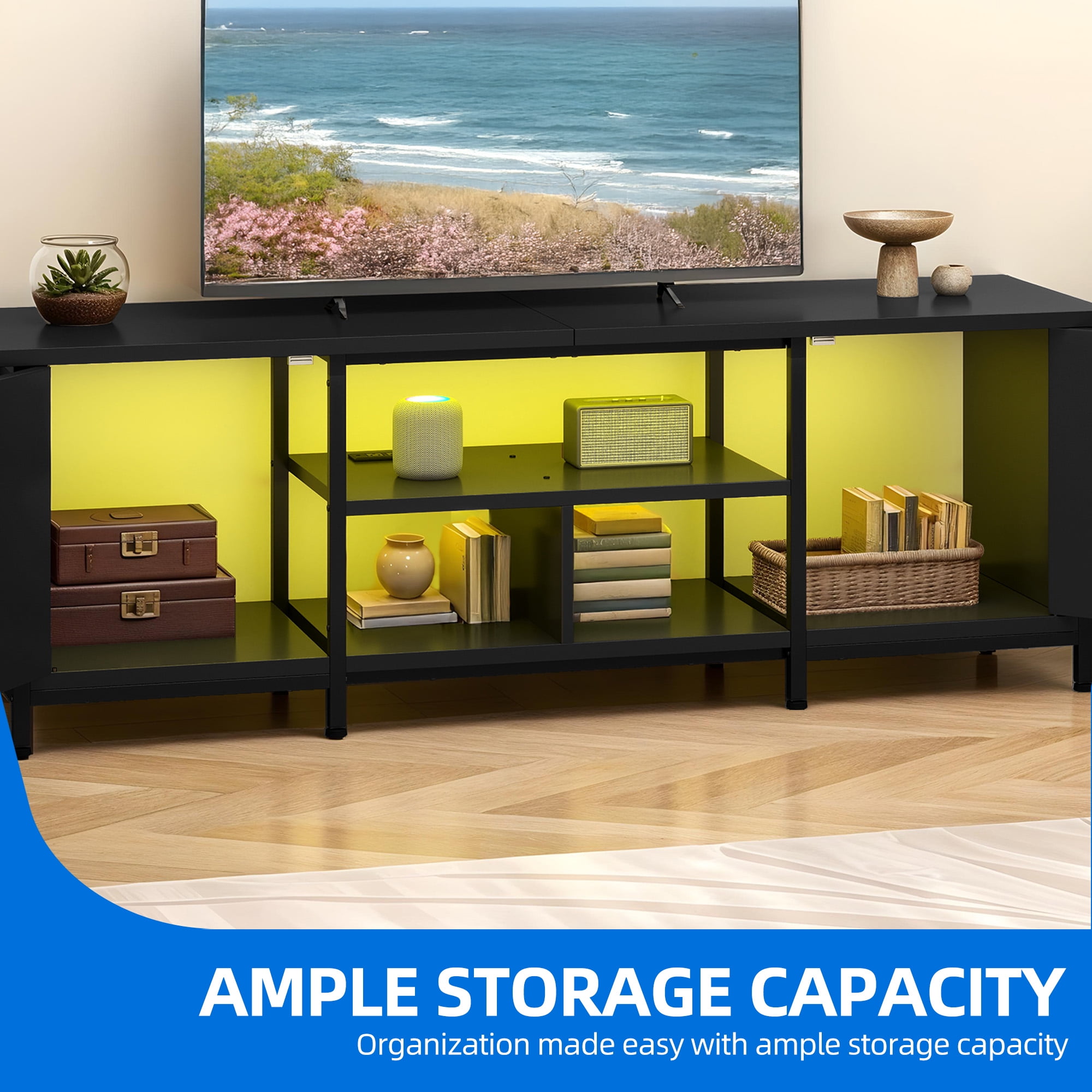 Uforic Farmhouse TV Stand with LED & Charging, Storage Cabinet and Shelves for TVs up to 70", Black