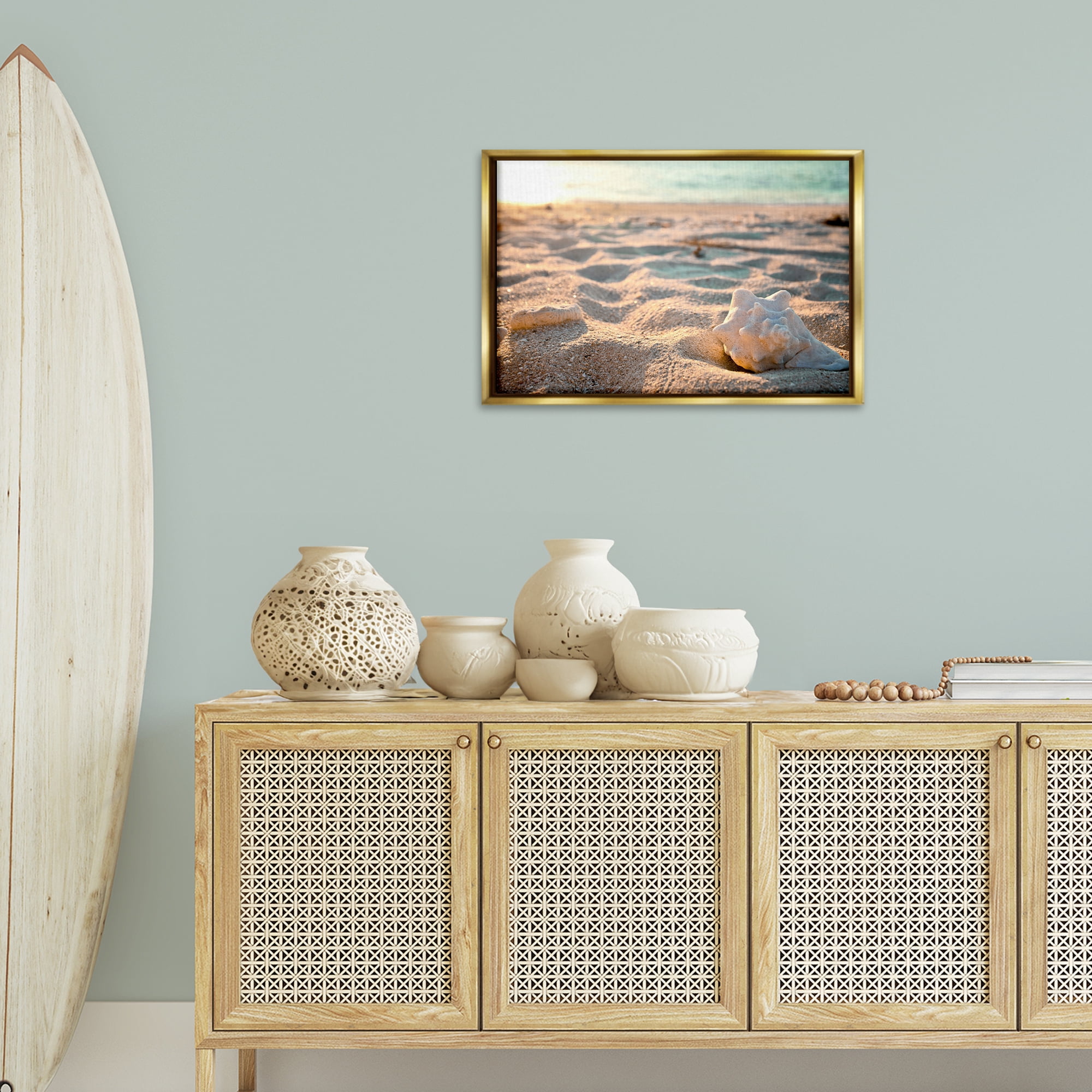 Stupell Industries Conch Shell in Sand Coastal Photography Gold Floater Framed Canvas Art Print Wall Art, 25 x 17