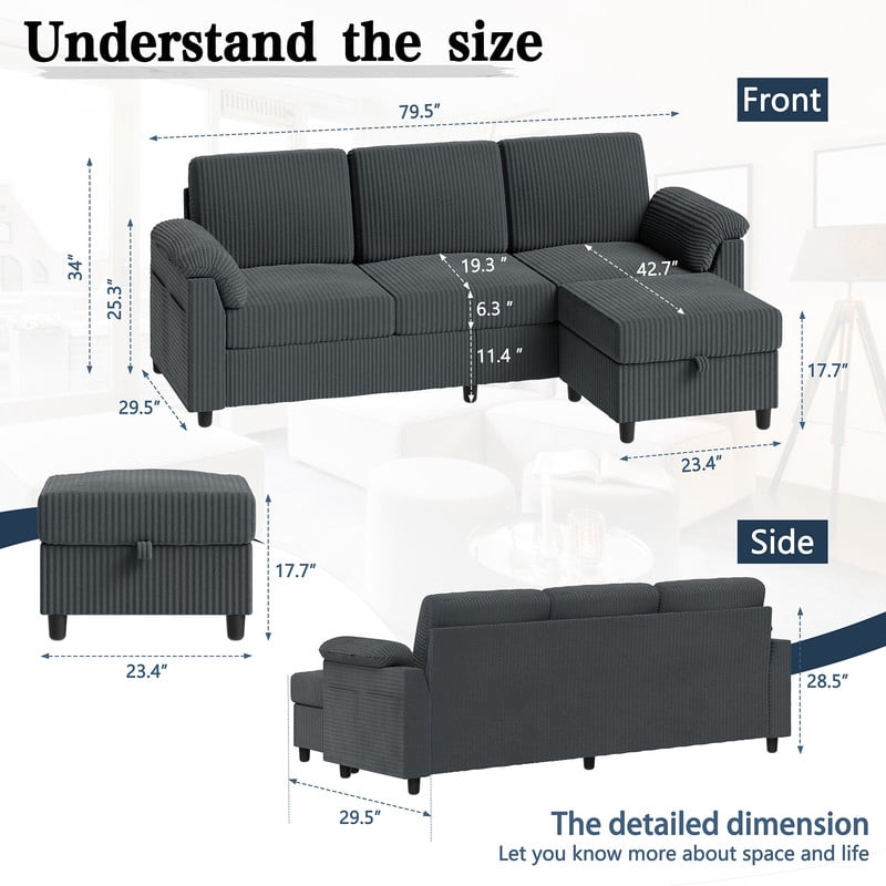 Walsunny 79" Convertible Sectional Sofa, L Shaped Sofa Couch with Reversible Chaise for Living Room Modern Linen Fabric for Living Room, Dark Gray