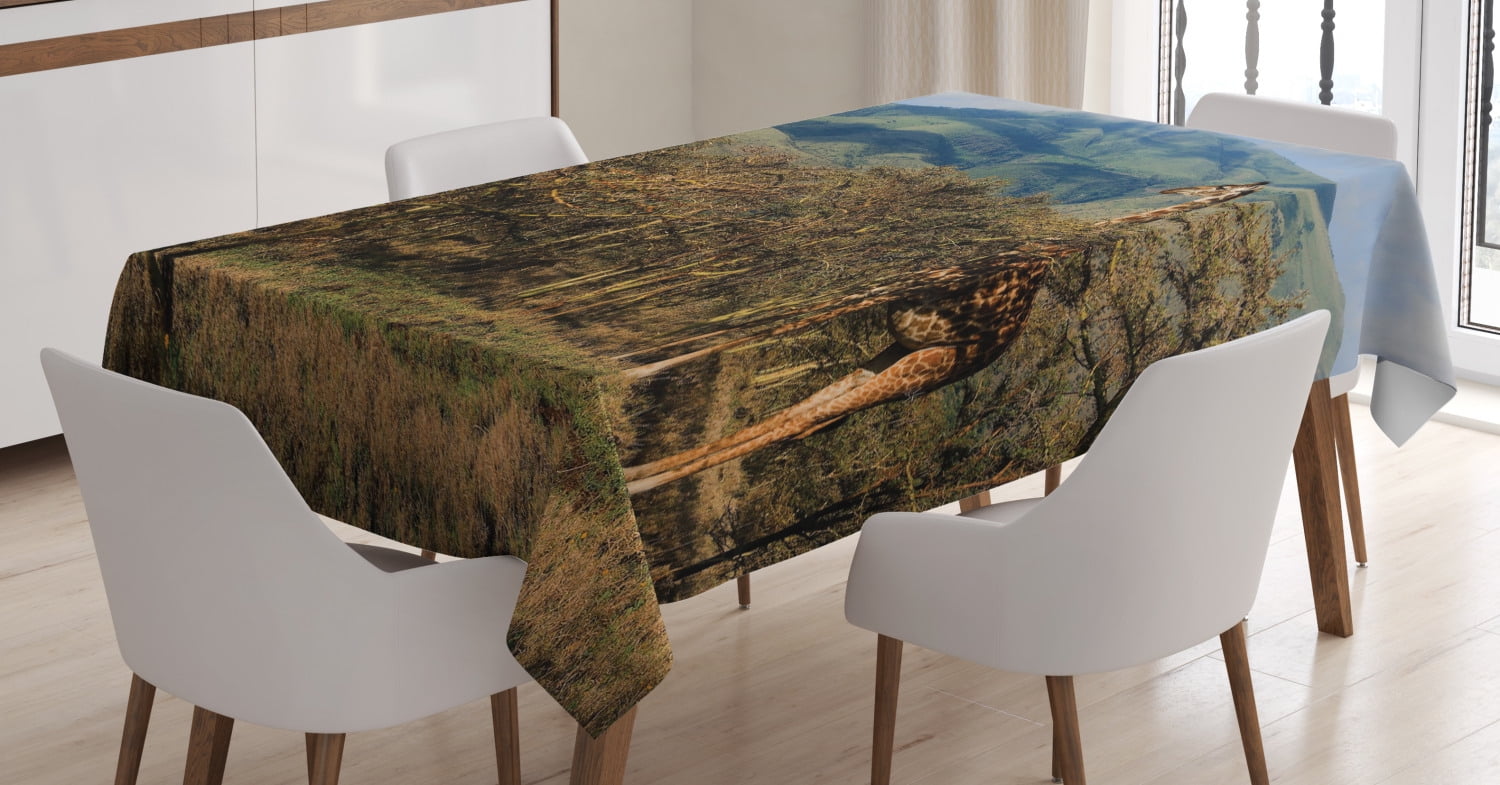 Zoo Tablecloth, Giraffe among Trees Prickly Acacias Grazing Mountain