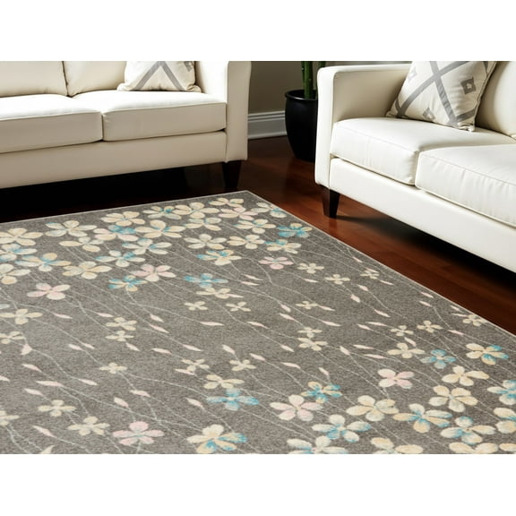 HomeRoots 550955 6 x 9 ft. Floral Rectangle Area Rug, Beige & Gray