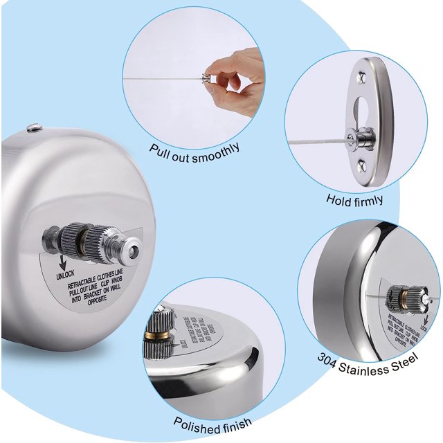 Clothesline,Retractable Clothesline - 304 Stainless Steel Retractable Clothesline Indoor with Adjustable Nylon Rope, Wall Mounted Retractable Laundry Line, Laundry Accessories