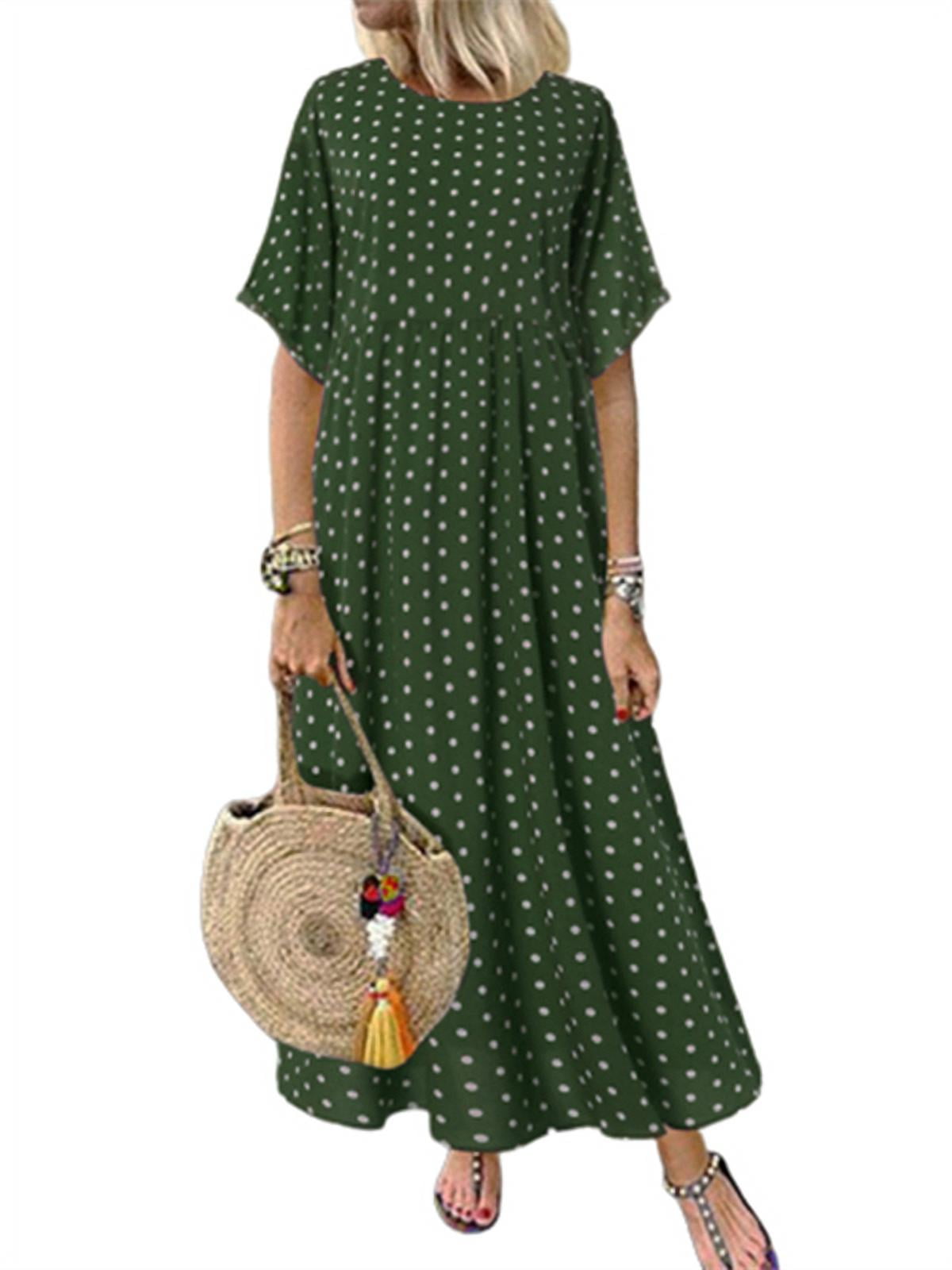 ZANZEA Women Plus Size Long Maxi Sundress Vintage Retro Bohemian Polka Dot Dress 