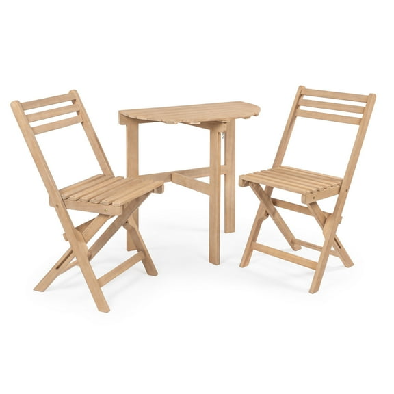 Cadiz Classic French Country 3-Piece Acacia Wood Half-Round Outdoor Folding Bistro Set, Light Teak