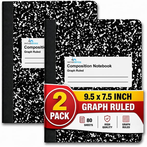 1InTheOffice Graph Paper Composition Notebook, Graph Ruled notebook, Quad Ruled Composition Notebook, 80 Sheets, 7.5" x 9.75", Black, 2 Pack