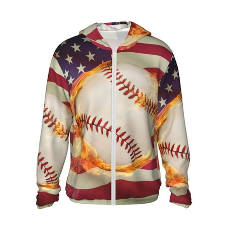Sigee Baseball Ball With Flag Print UPF50+ Men s Sun Protection Hoodie Shirt SPF UV Shirt Long Sleeve Fishing Outdoor Lightweight-X-Large