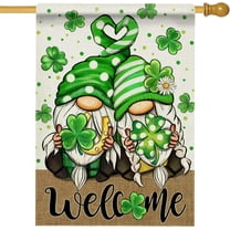 Welcome St. Patricks Day Gnome House Flag Double Sided, Lucky Shamrock Clover Polka Dot Decorative Garden Yard Outdoor Large Decor, Horseshoe Irish Rustic Burlap Home Outside Decoration 28x40