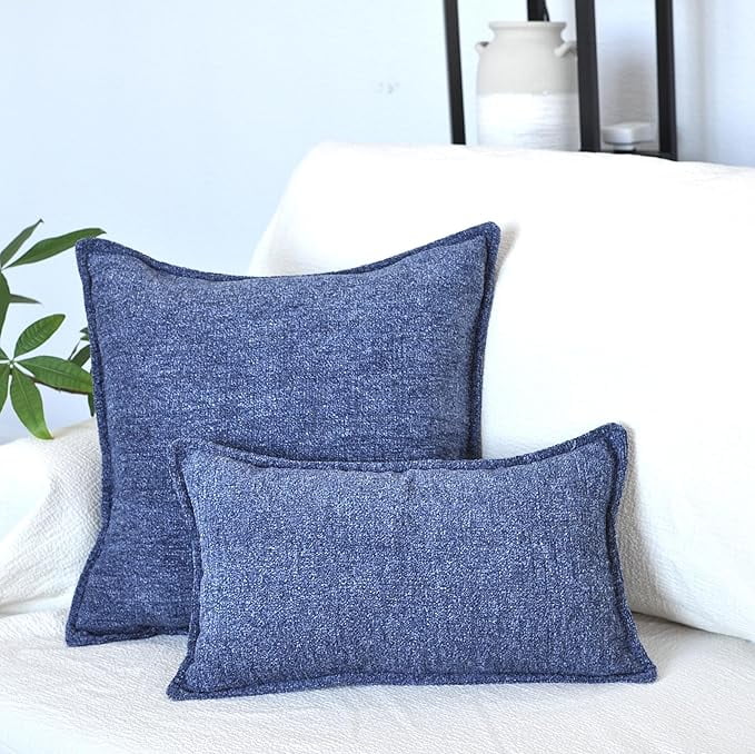 Textured Chenille Lumbar Pillow Covers Pack of 2 Navy Blue 12x20 inches , Solid Cushion Cases For Sofa Accent Chair Couch, Rectangular Small Pillowcases