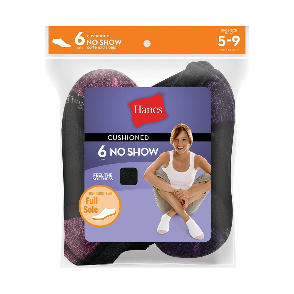 Hanes Women's No Show Socks, Black, Size 1012, 6Pack