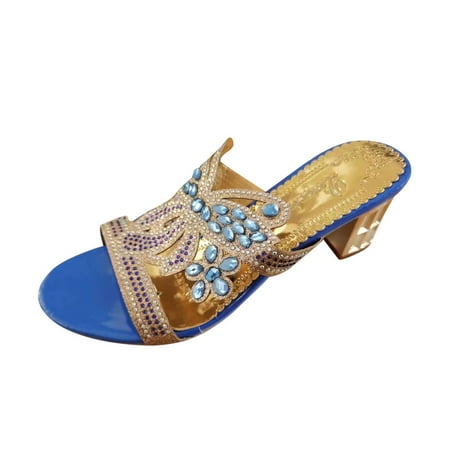 

TUOBARR Heel Sandals Women s Thick Heeled Comfortable Slippers Fish Mouth Open Toe Rhinestone Sandals Blue