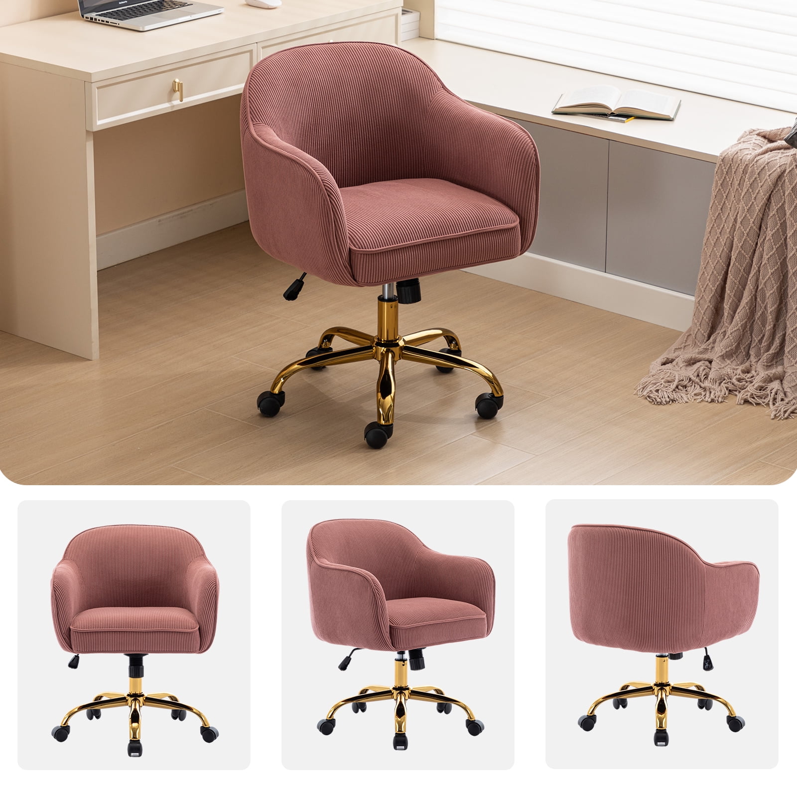 BRILHAMEZ Velvet Office Chair, Ergonomic Desk Chair with Adjustable Height, 360° Swivel, Padded Armrests for Home Office, Pink