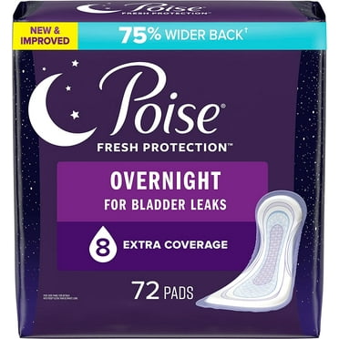 Poise Incontinence Pads & Postpartum Incontinence Pads, 8 Drop Overnight Absorbency, Extra-Coverage Length, 72 Count, Packaging May Vary