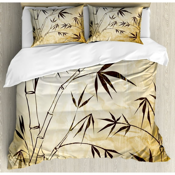 Asian Themed Duvet Cover Set, Gradient Color Inspired Leaves and Root Structure Look Travelers Print, Decorative 3 Piece Bedding Set with 2 Pillow Shams, Calking Size, Brown and Cream, by Ambesonne