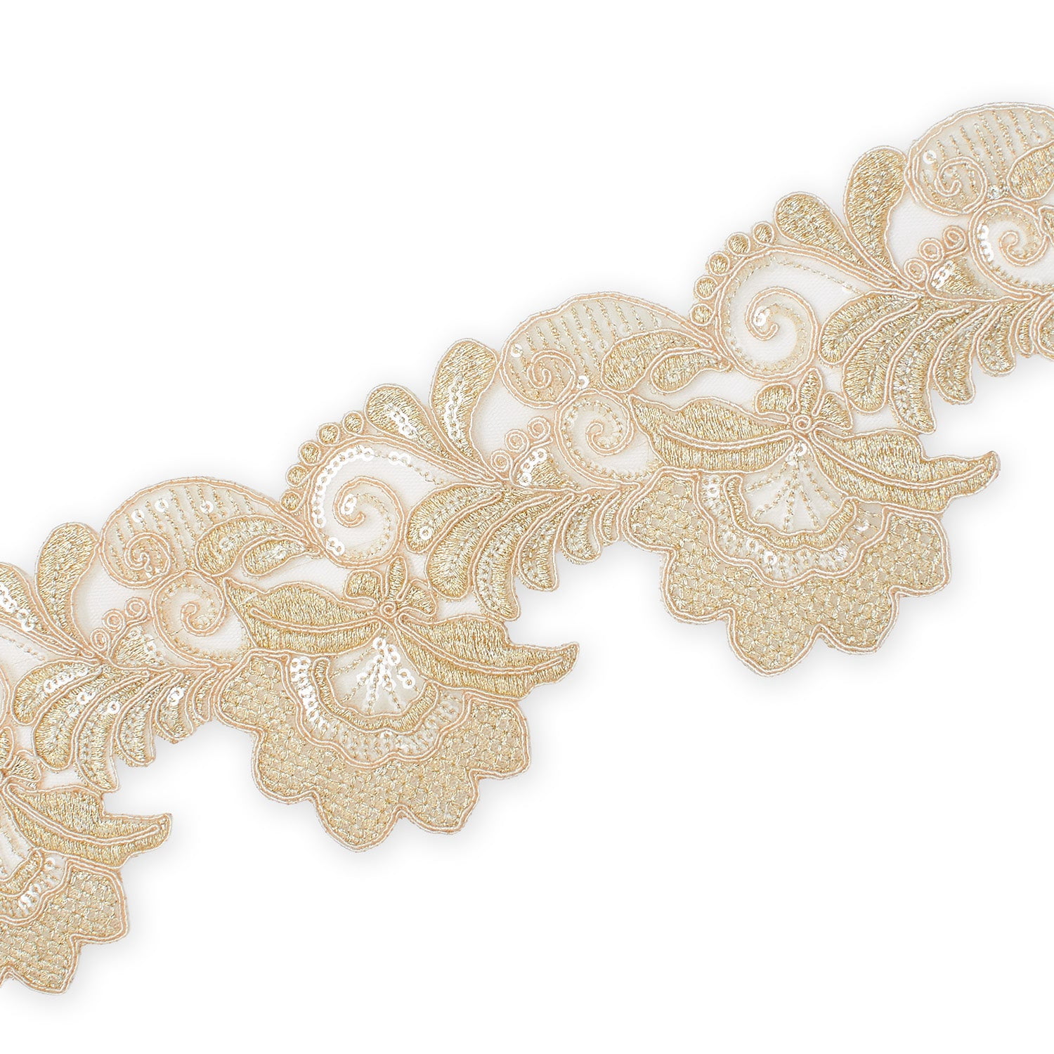 Embroidered Lace Trim 4" Leaf Floral Corded Sequin Embroidery On Sheer Polyester Scalloped Mesh - Champagne (4.5 Meters, 1 Pack)