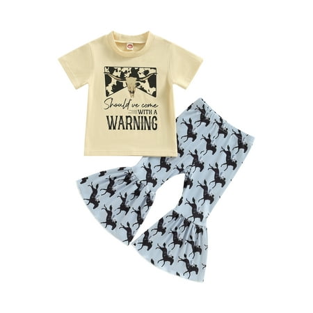 

Arvbitana Toddler Girl Summer Clothes Set Letter Print Round Neck Short Sleeve T-Shirt + Animal Print Flare Pants