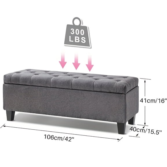 Gray 42-inch Storage Bench with Cushion - Adjustable Height Footstool & Long Seat for Living Room & Bedroom, Multi-Functional Fabric Upholstered Storage Ottoman
