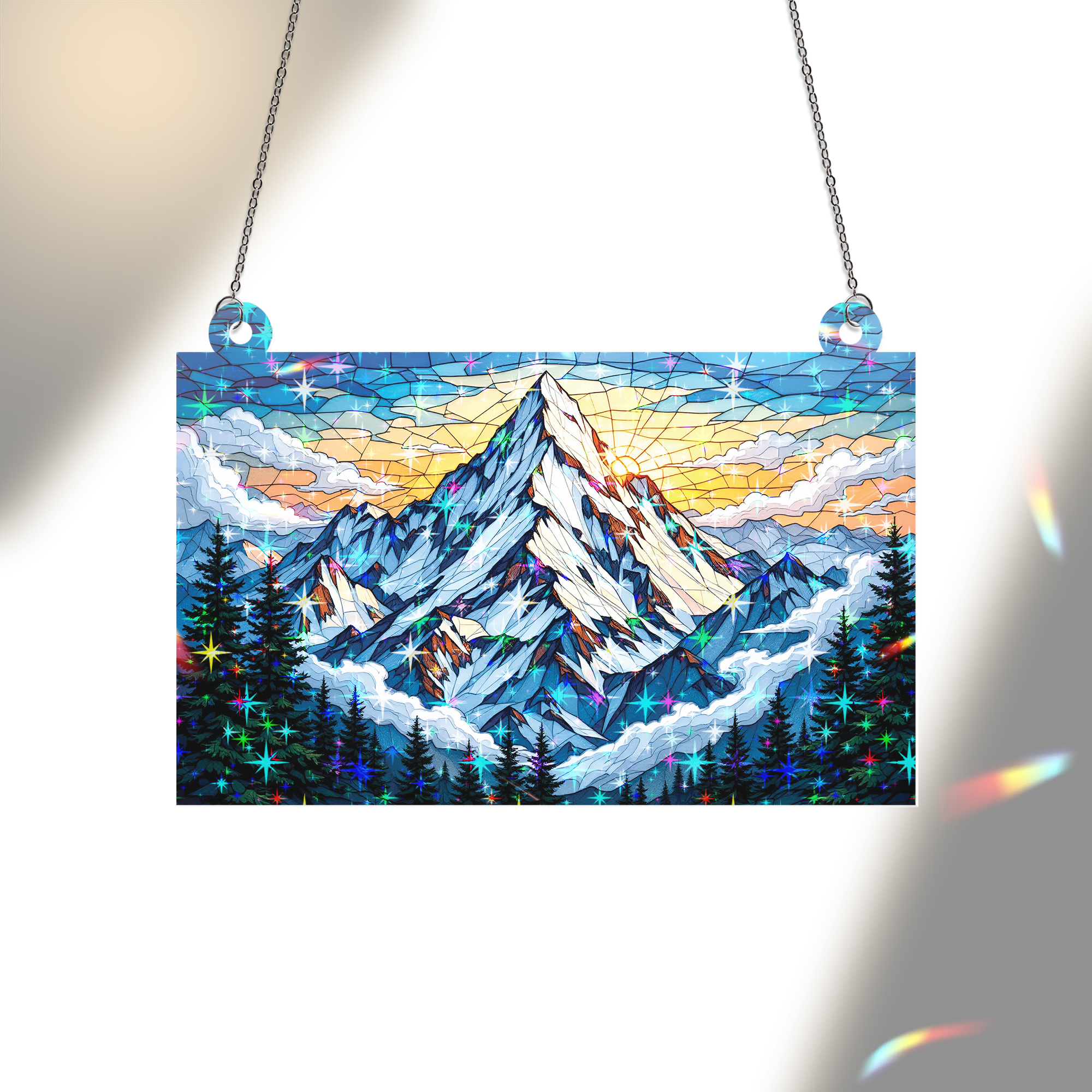 89Bloom Majestic Snowy Mountain Stained Glass Hologram Ornament, Stained Glass Suncatcher Ornaments Home Decor, Holographic Ornaments
