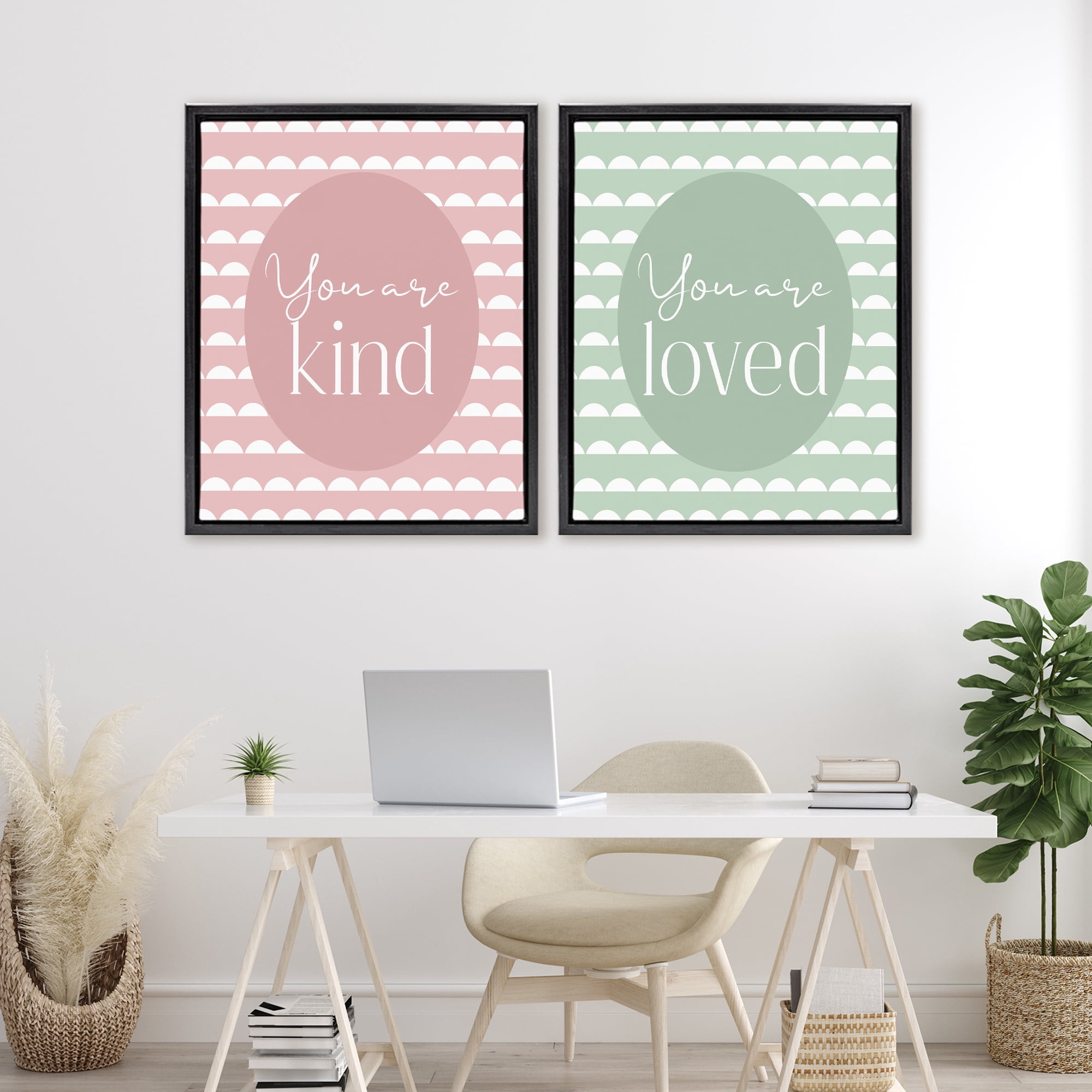 Stupell Industries Pastel Kind & Loved 2 Piece Black Framed Floater Canvas Set, design by Christine Simpson Art