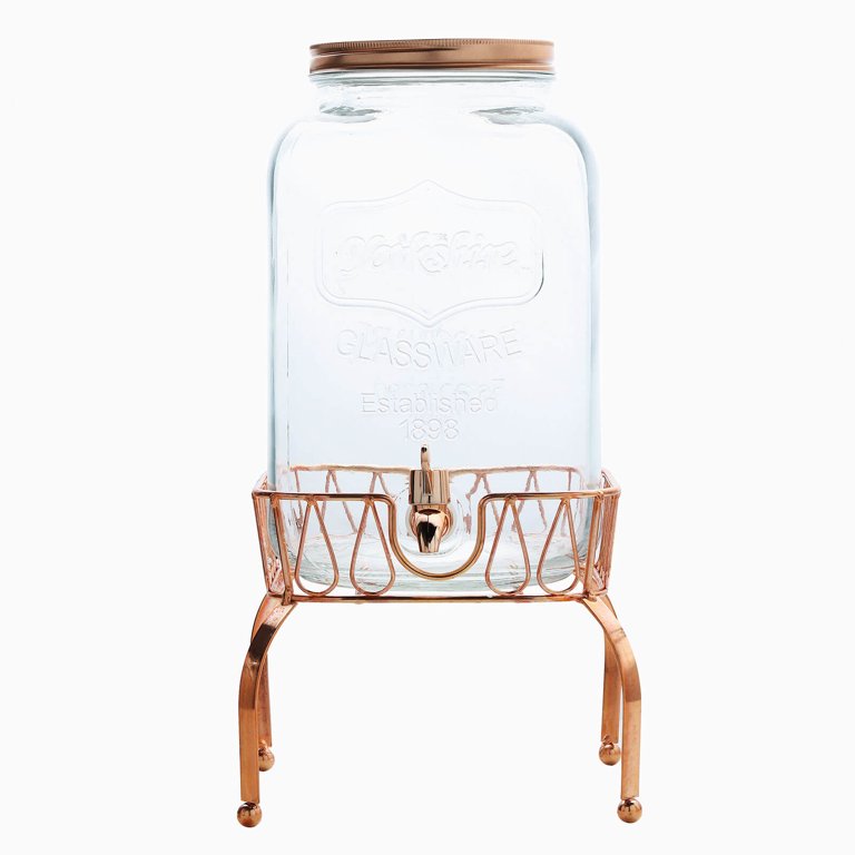 Glass Beverage Dispenser with Spigot, Metal Lid and One Gold Stand - 2  Gallon 