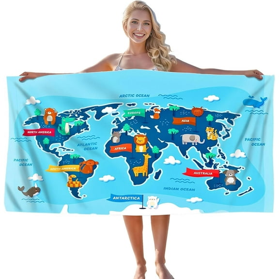 Cute World Map Beach Towel Oversized, Sand Free Super Absorbent Quick-Drying Lightweight Beach Towe, Travel Essentials Beach Towel for Kids, Men, Women, Girls, Boys 60x30IN