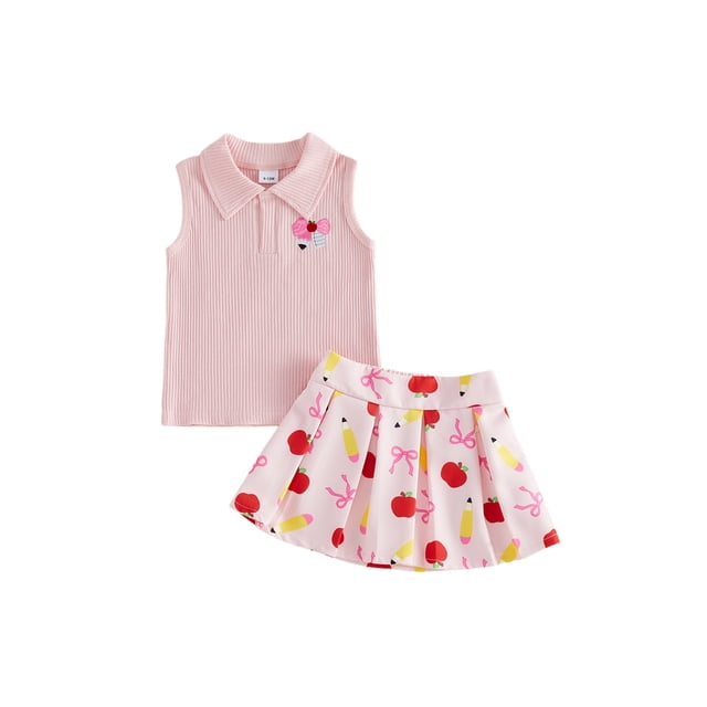 Argulvti Toddler Girls Summer 2 Piece Outfits Embroidery Ribbed Lapel Tank Tops and Apple Pencil Print Mini A Line Skirt Set