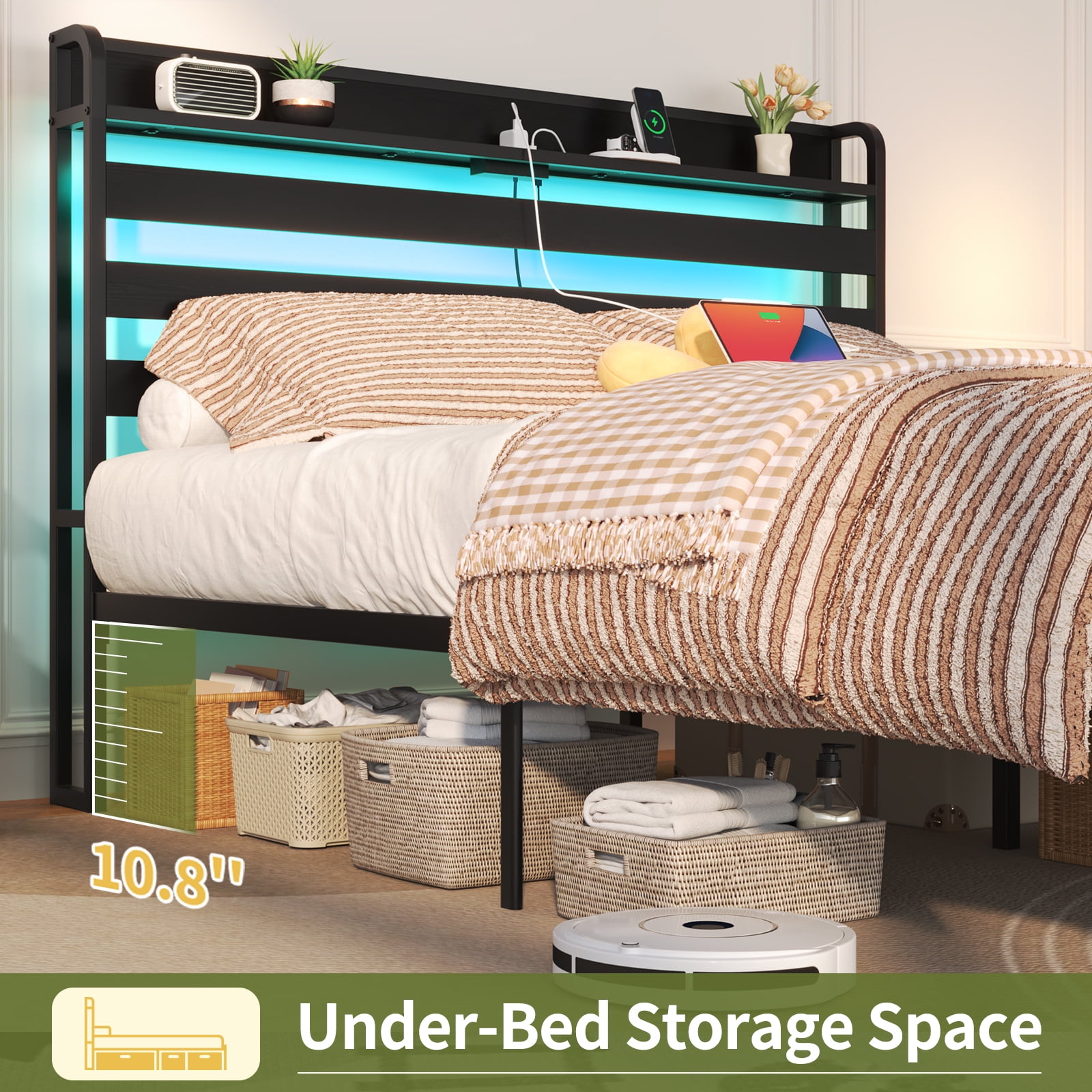 Yoobure Queen Bed Frame with USB Port&LED ,Standard Queen Size Bed Frame with Headboard,Black