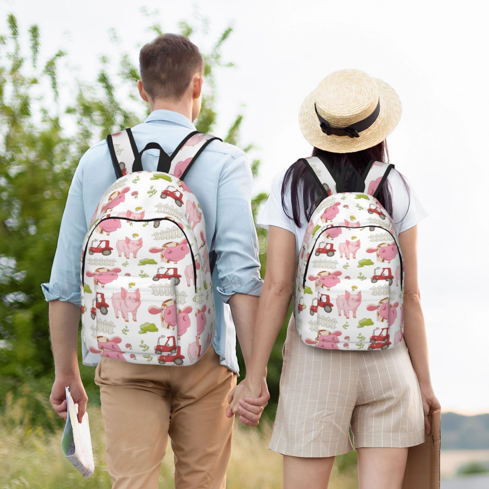 Picia Cow And Pig Printed Canvas Daypack - Stylish and Durable Vintage Compact Backpack - Class, Work, Travel, or Laptop Bookbag,Organized Compartments-Small