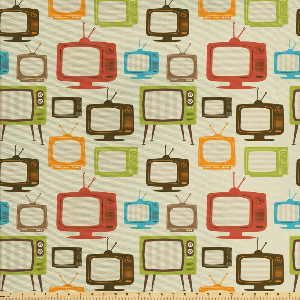 Vintage Fabric by the Yard, Old Televisions Pattern in Retro Colors