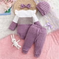 thumbnail image 4 of Ulanda Newborn Baby Girl Clothes Infant Fall Winter Outfits for Girls Clothing Set, Color Block Ribbed Outfit, Ruffle Long Sleeve Bodysuit, Matching Hat and Bow Headband (Light Purple, 0-3 Months), 4 of 4