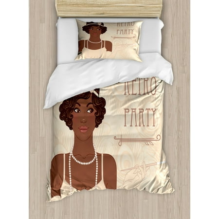 Teenage Bedding Set Pin up Girl Twin Size Duvet Cover Set, Flapper Style Teenage Girl with Vintage Long Pearl Necklace, Decorative 2 Piece Bedding Set with 1 Pillow Sham, Chocolate Beige and Umber, by Ambesonne ()