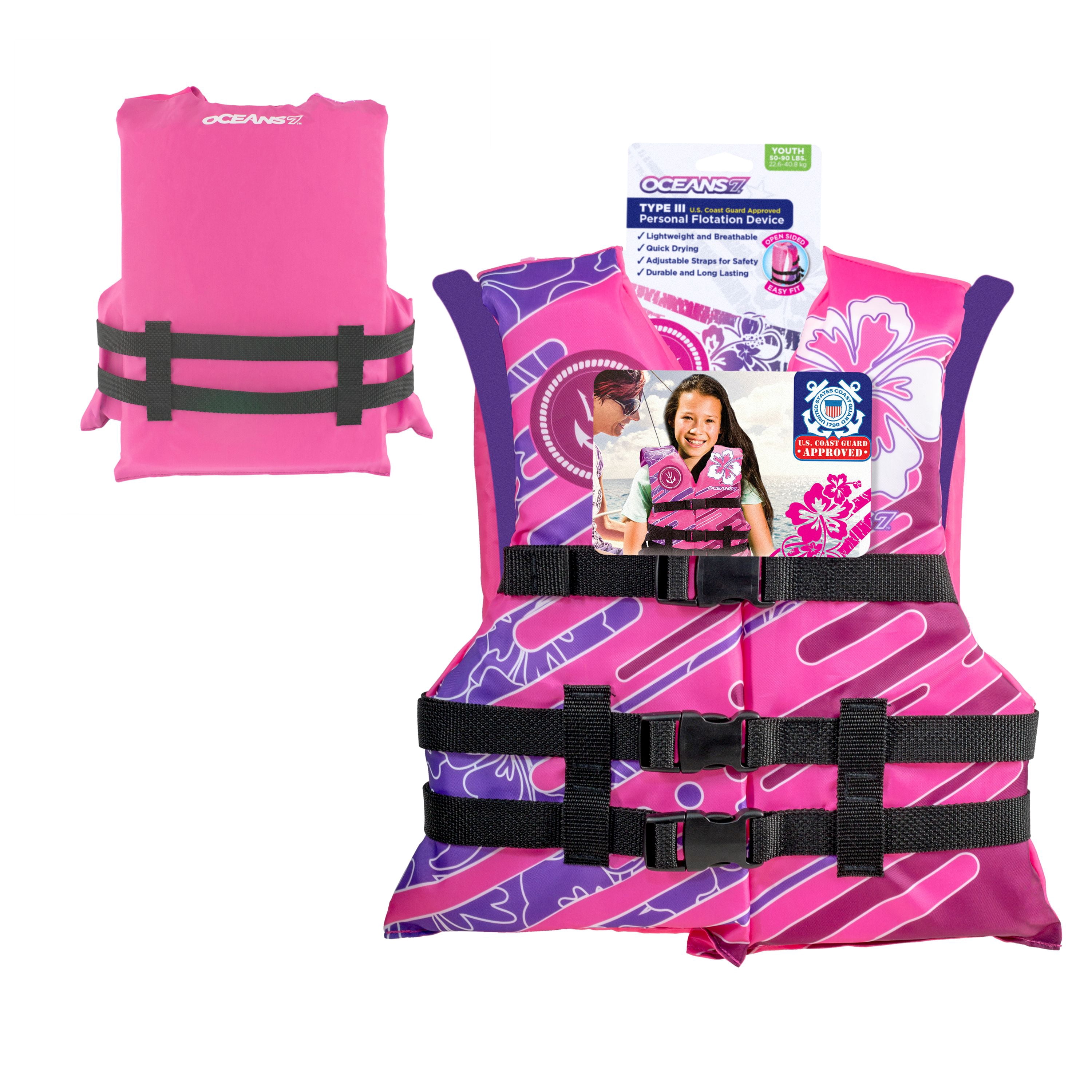 Oceans7 Youth Open Side Life Vest, Durable, 50-90 lbs, Pink/Purple, Unisex, Nylon
