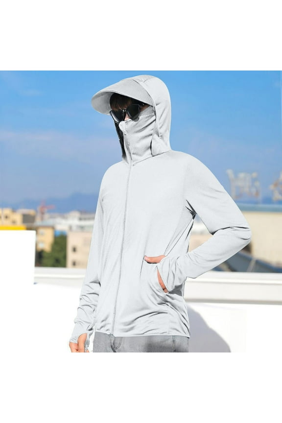 Men's Upf 50+ Sun Protection Jacket Hooded Lightweight Full Zip Coat Long Sleeve Hiking Fishing Sun Shirts