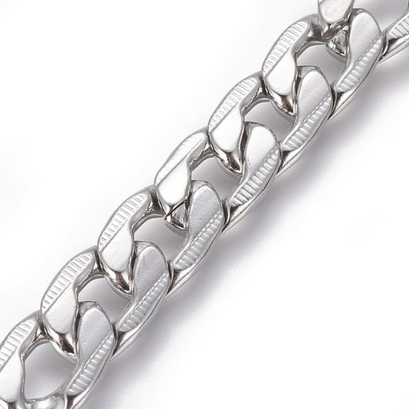 Tarnish Resistant 201 Stainless Steel Cuban Link Chains Chunky Curb Chains Twisted Chains Unwelded Textured Stainless Steel Color 9.5mm Links: 14x9.5x2.5mm